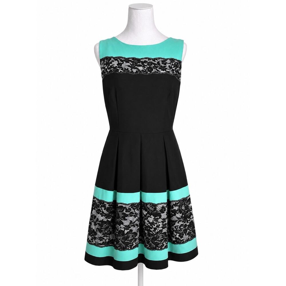 Tahari Arthur S Levine Dress Sz 6 Aqua Black Lace Fit Flare Sleeveless